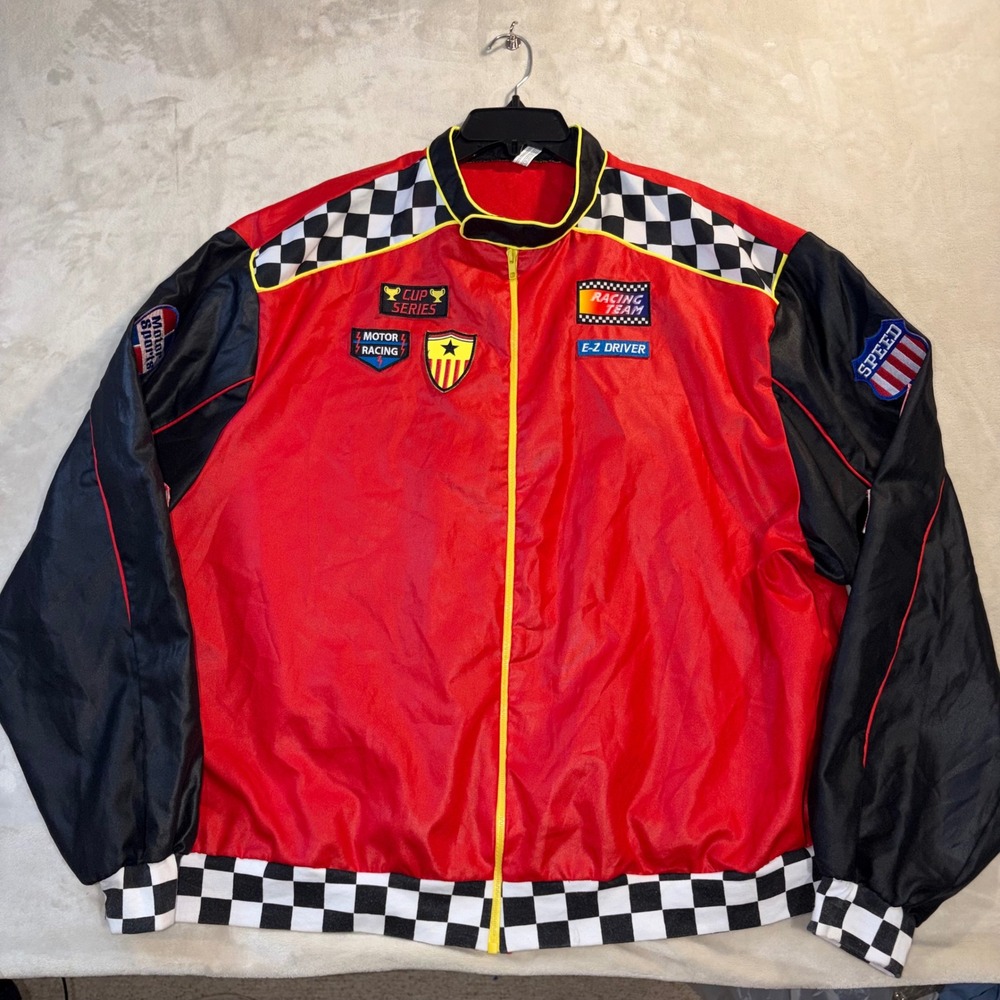 Mens Red Racing Jacket Checkered Pit Crew Windbreaker Cup Series Patches XL